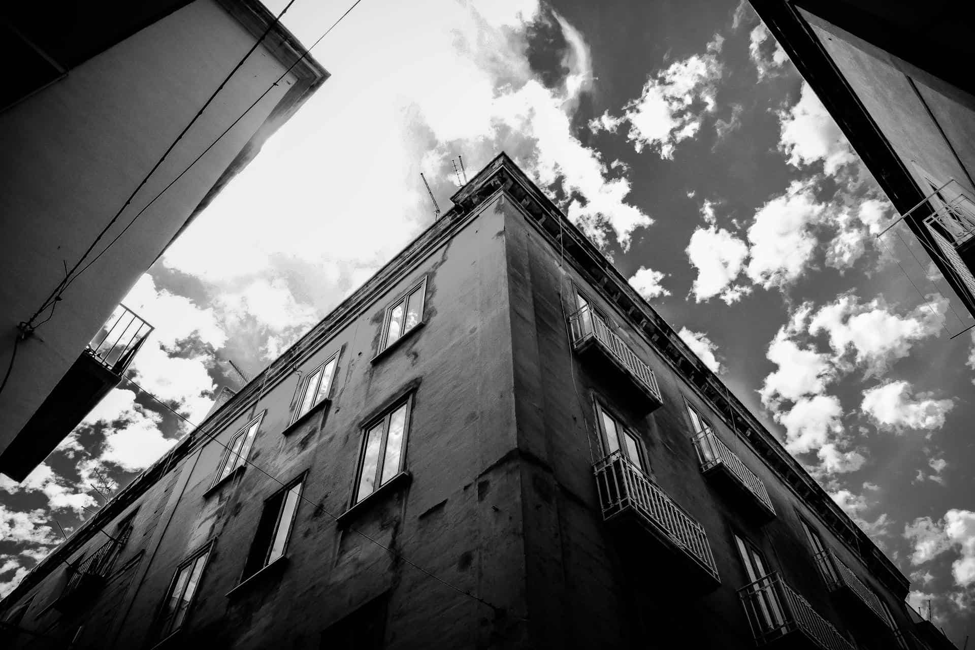 City crossroads with a glimpse of the sky